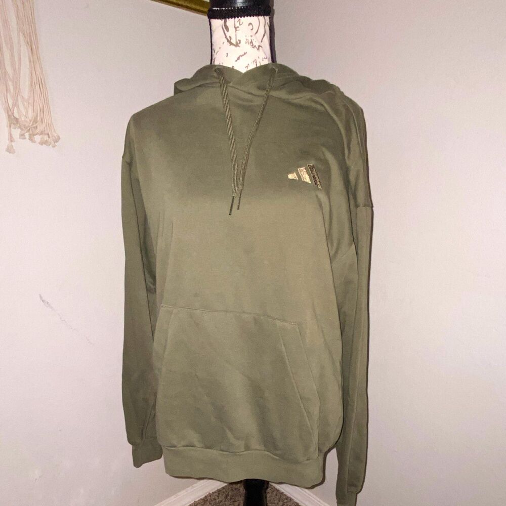 adidas Mens S Green Solid Fleece Pullover Hoodie Logo Drawstring Pockets